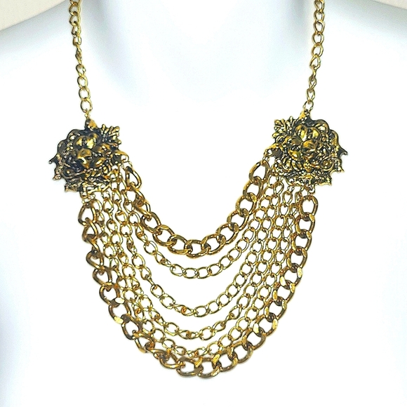 18" Necklace Golden Lion Head Medallions Double 6 strand curb chain adj - Picture 1 of 4